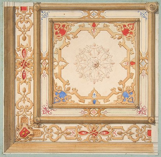 Partial design for a ceiling painted in strapwork and pine cone motifs