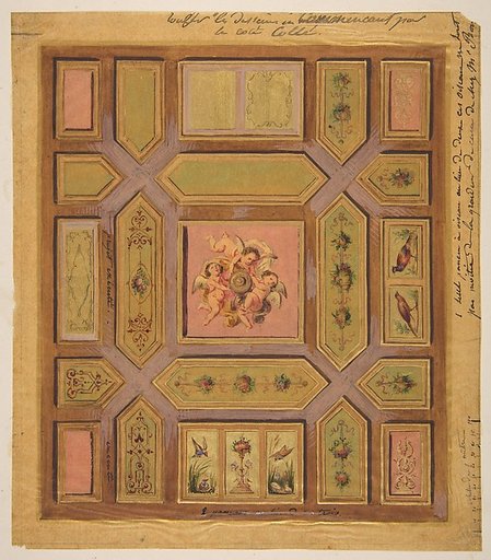 Design for a paneled ceiling painted with putti, birds, and floral motifs on tracing paper; mounted on wove paper