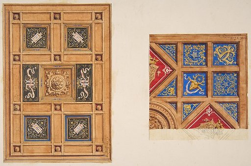 Two designs for paneled ceiling with painted decoration