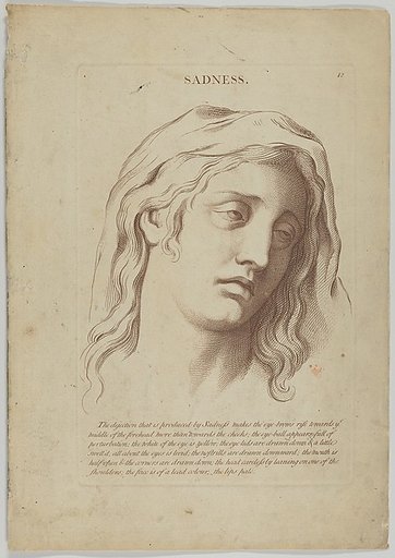 Sadness, plate 13 from "Heads Representing the Various Passions of the Soul; as they are Expressed in the Human Countenance: Drawn by that Great Master Monsieur Le Brun"