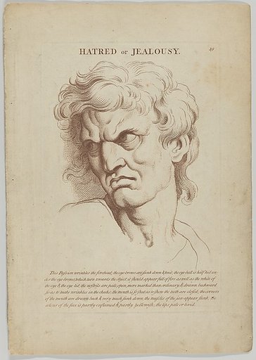 Hatred or Jealousy, plate 20 from "Heads Representing the Various Passions of the Soul; as they are Expressed in the Human Countenance: Drawn by that Great Master Monsieur Le Brun"