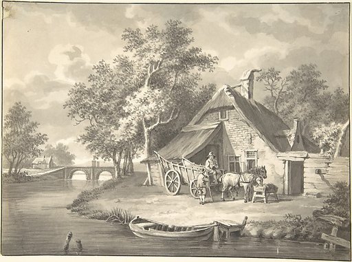 A Haywagon In front of a Cottage Beside a Stream