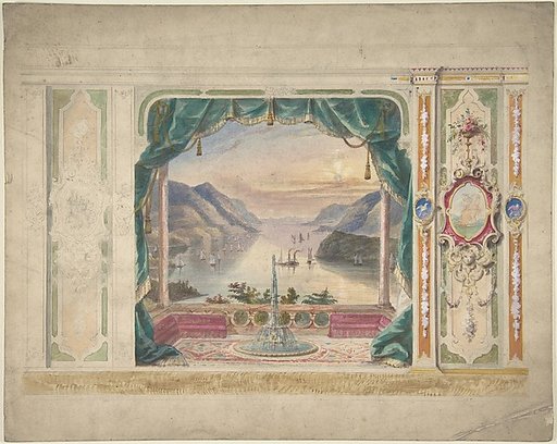 Wall Design with a Trompe l'Oeil Balcony Overlooking a Mountainous Harbor