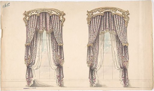 Design for Pink, Mauve and White Floral Curtains with a Gold and White Pediment
