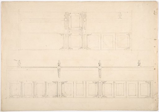 Paneling and Benches (Verso: sketch of a Desk)