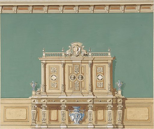 Interior Design with a Large Renaissance Style Cabinet against a Green Wall