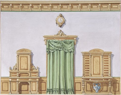 Interior Design with a Central Door Covered by Green Drapery and Two Cabinets