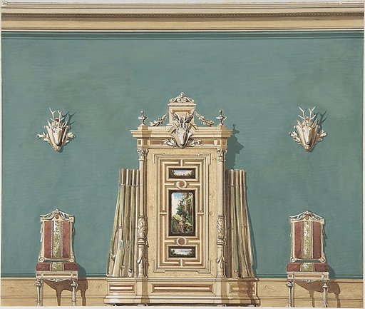 Interior Design witha Gun Cabinet and Two Chairs against a Green Wall Adorned with Trophies