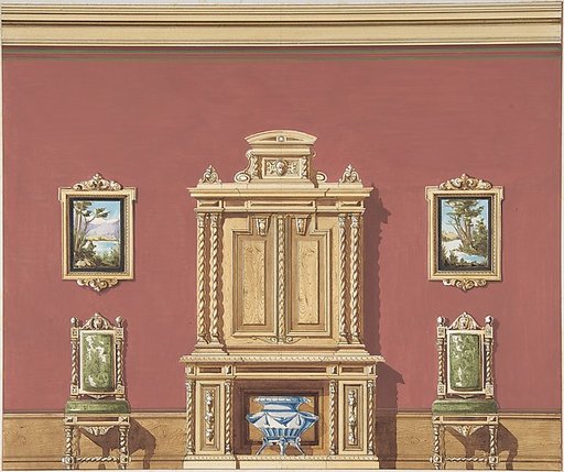 Interior Design with a Central Cabinet, Two Chairs and Two Landscape Paintings against a Red Wall