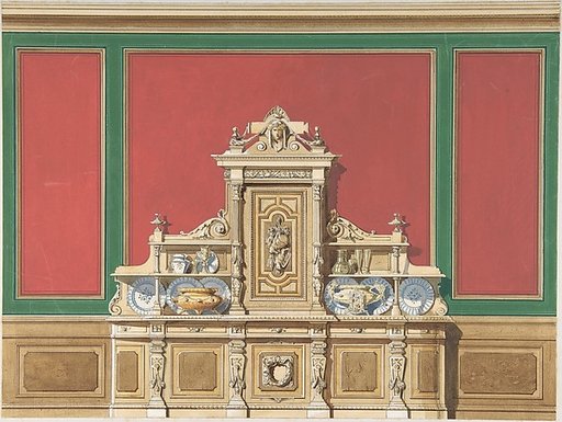Interior Design for Large Display Cabinet against Red and Green Panelling
