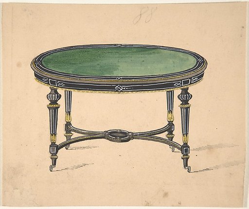 Design for a Round or Oval Table with a Green Top and Black and Gold Sides and Legs