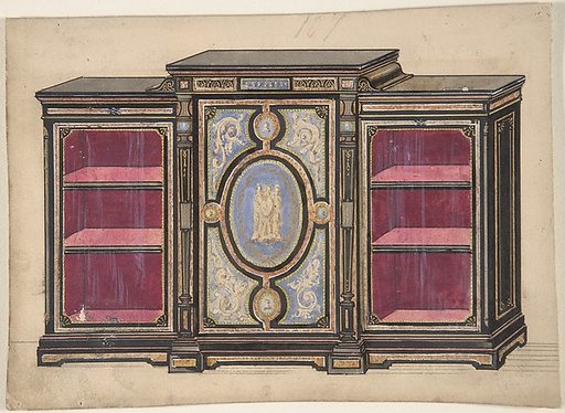 Cabinet Design with Renaissance style Ornament and Red Interior