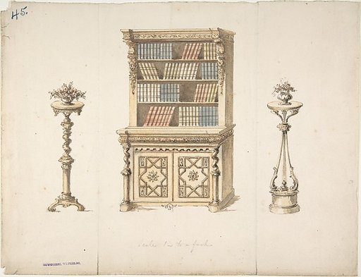 Design for a Cabinet-Bookcase and Two Stands for Flowers