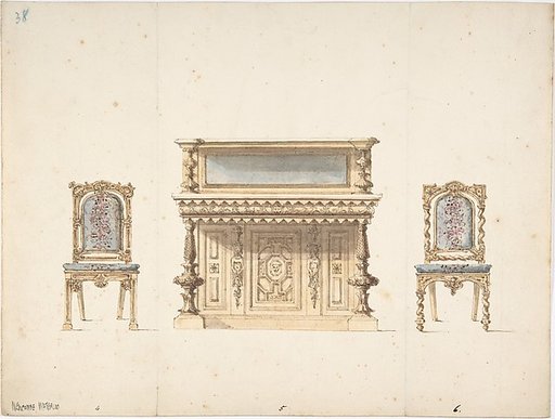 Design for a Mirrored Cabinet and Two Chairs
