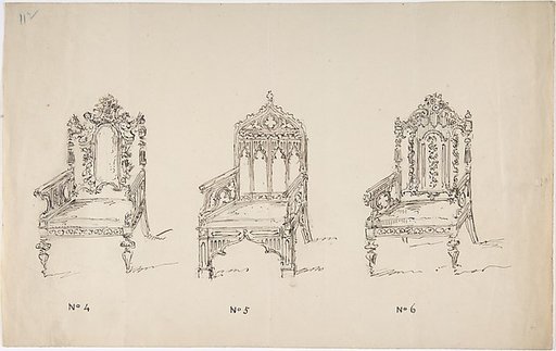 Design for Three Low Gothic or Renaissance Style Arm Chairs