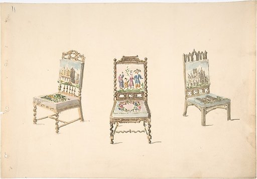 Design for Three Chairs with Pictorial Upholstery