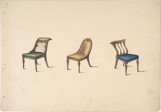 Design for Three Chairs with Slanted Backs, Green, Yellow and Blue Upholstery