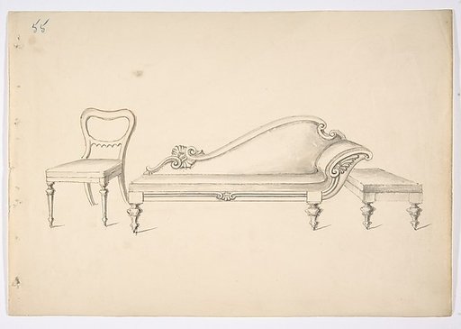 Design for a Sofa with One WIng-like Arm, Chair and Stool