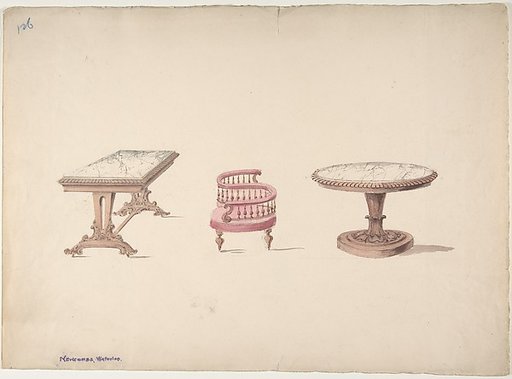 Design for a Rectangular and Round Marble-topped Tables and a Tête-à Tête Chair