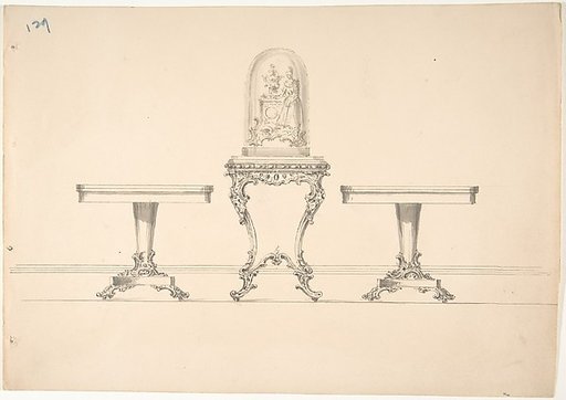 Design for Two Round Pedestal Tables and Square Rococo-style Table Supporting a Clock under Glass