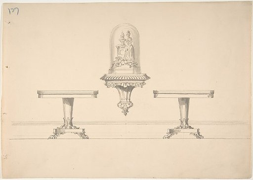 Design for Two Round Pedestal Tables and Rococo-style Carved Shelf Supporting a Clock under Glass