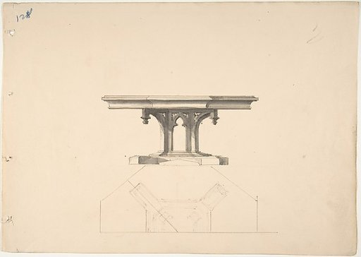 Design for an Octagonal Gothic Pedestal Table: Elevation and Plan