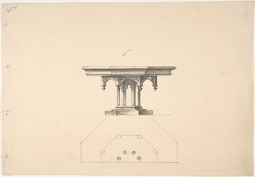 Design for an Octagonal Gothic Pedestal Table with Pendentives: Elevation and Plan