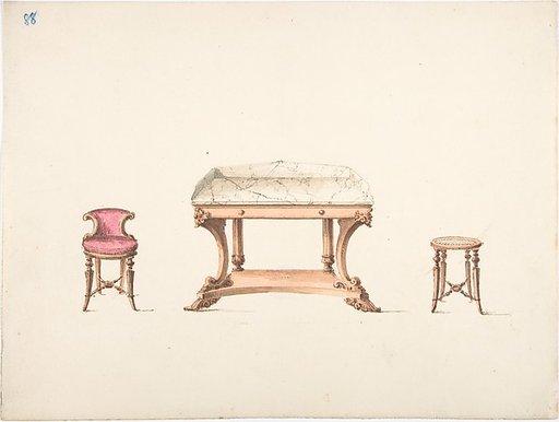 Design for a Marble Topped Table and a Low-backed Chair and a Stool