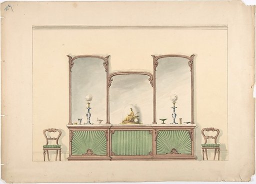 Design for a Mirrored Three Sectioned Marble-topped Cabinet and Two Chairs