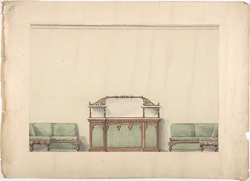 Design for a Mirrored, Marble-topped Cabinet and Two Sofas