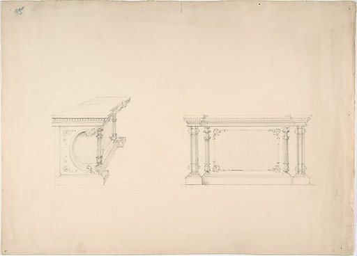 Design for a Cabinet with Columns and Inset Fabric Panels: Elevation and Side View