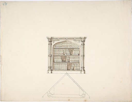 Design for a Gothic Style Corner Book Cabinet: Elevation and Plan