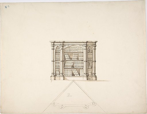 Design for a Gothic Style Corner Book Cabinet: Elevation and Plan
