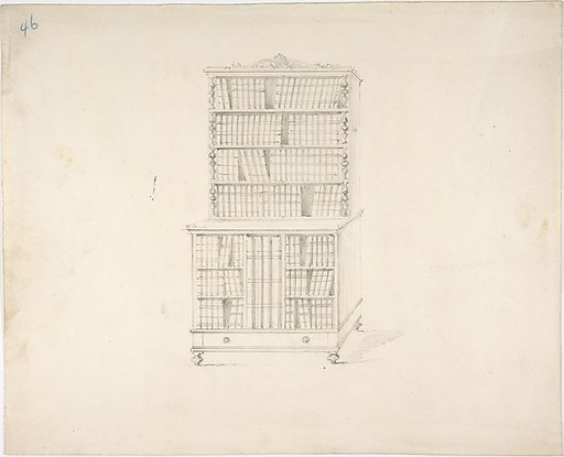 Design for a Two Tiered Book Cabinet with Turned Feet and Ornament (Verso: sketch)