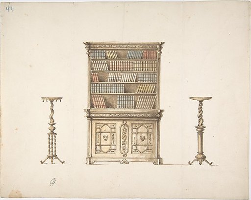 Design for a Bookcabinet and Two Pedestals (Verso: sketch)