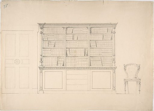 Design for a Large Bookcabinet, with a Door at Left and a Chair at Right