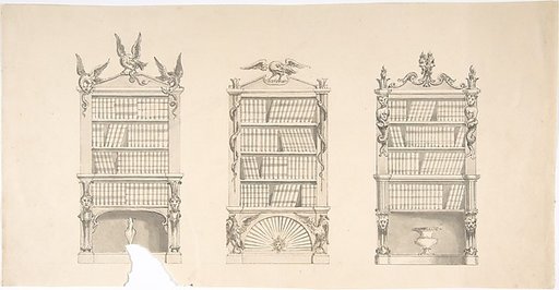 Design for Three Bookcabinets Two Adorned with Eagles and Snakes, the other with Masks, Flames and Grotesques
