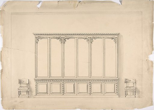 Design for a Very Large Cabinet  with Turned Elements, and Two Chairs