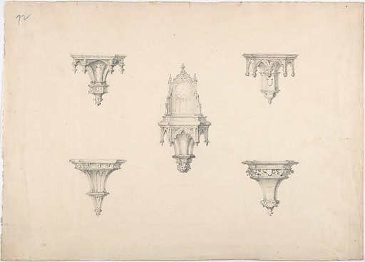 Design for Five Medieval Brackets, the Central One Bearing a Clock