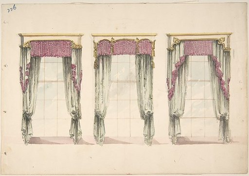 Design for Gray Curtains with Pink Fringes, and White and Gold Pediments