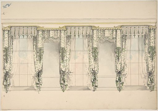 Design for Green and White Curtains with Green Fringes, and White and Gold Pediments