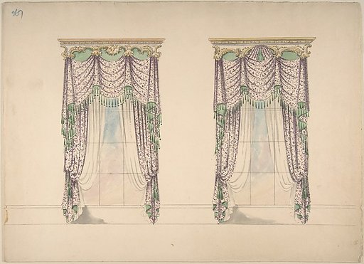 Design for Pink and White Curtains with Green Fringes, and Gold and White Pediments