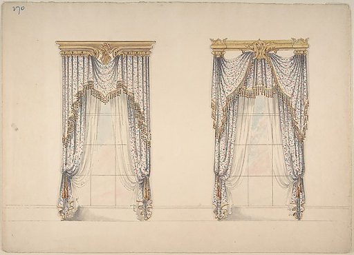 Design for Pink, Green and White Curtains with Gold and Red Fringes, and Gold Pediments
