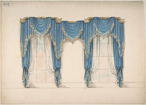 Design for Blue Curtains with Gold Fringes and Pediments