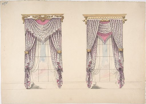 Design for Curtains with Purple, White and Mink Fabric, Purple Fringes and Gold and White Pediments