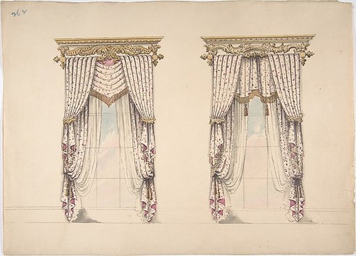 Design for Pink and White Curtains with Gold Fringes, and Gold and White