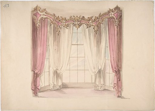 Design for Pink Curtains and White Inner Curtains, with a Gold, White and Pink Pediment
