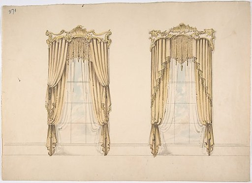 Design for Gold Curtains with Gold Fringes and a Gold and White Pediment