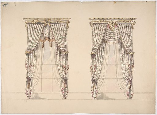 Design for Pink, Green and White Curtains with Pink and Gold Fringes and a Gold and White Pediment