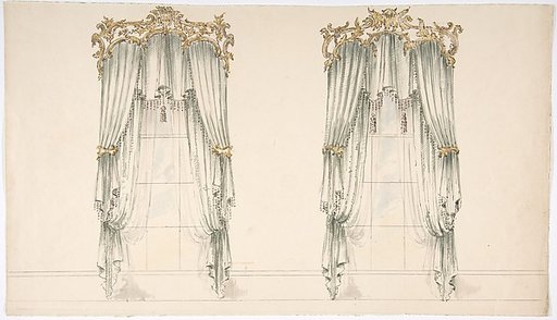 Design for White Curtains with White Fringes and a Gold and White Pediment